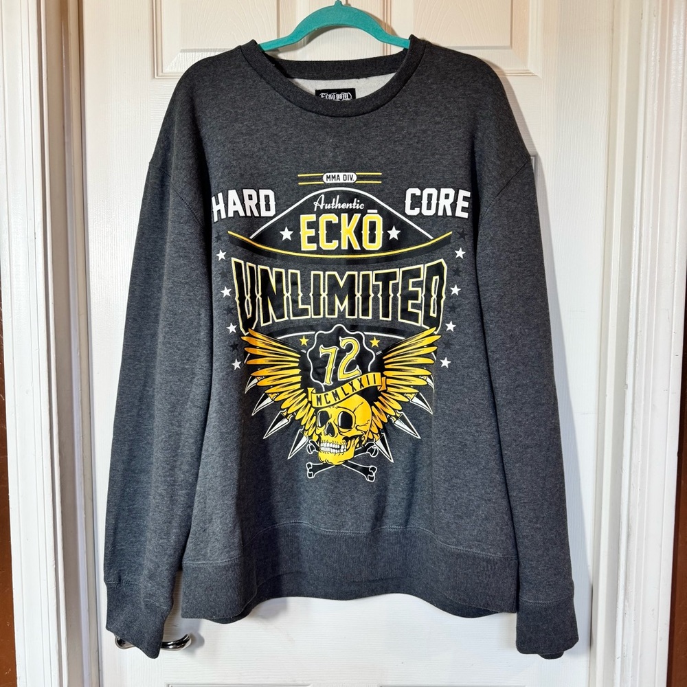 Ecko Unlimited Mens Hardcore MMA Pullover Sweatshirt Skull Wings XXL Charcoal